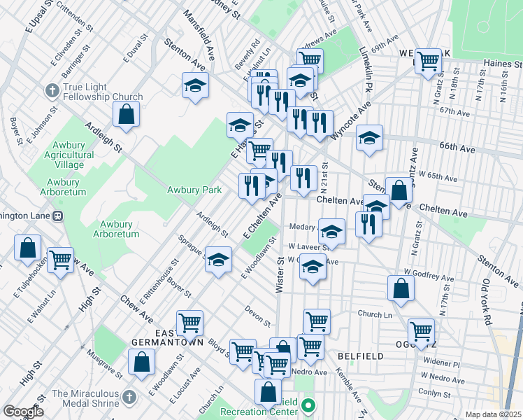 map of restaurants, bars, coffee shops, grocery stores, and more near 1215 East Chelten Avenue in Philadelphia