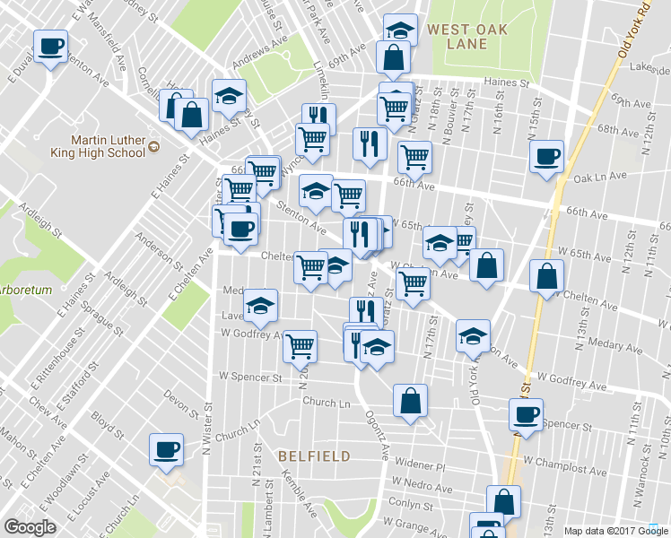 map of restaurants, bars, coffee shops, grocery stores, and more near 6348 North Opal Street in Philadelphia