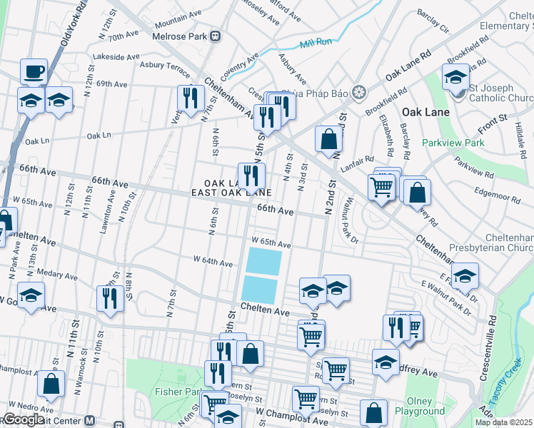 map of restaurants, bars, coffee shops, grocery stores, and more near 406 66th Avenue in Philadelphia