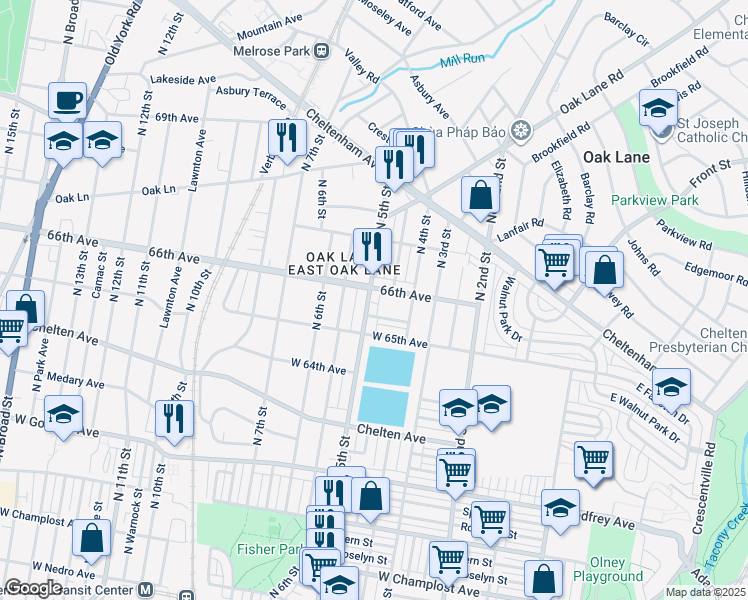 map of restaurants, bars, coffee shops, grocery stores, and more near 403 West 65th Avenue in Philadelphia