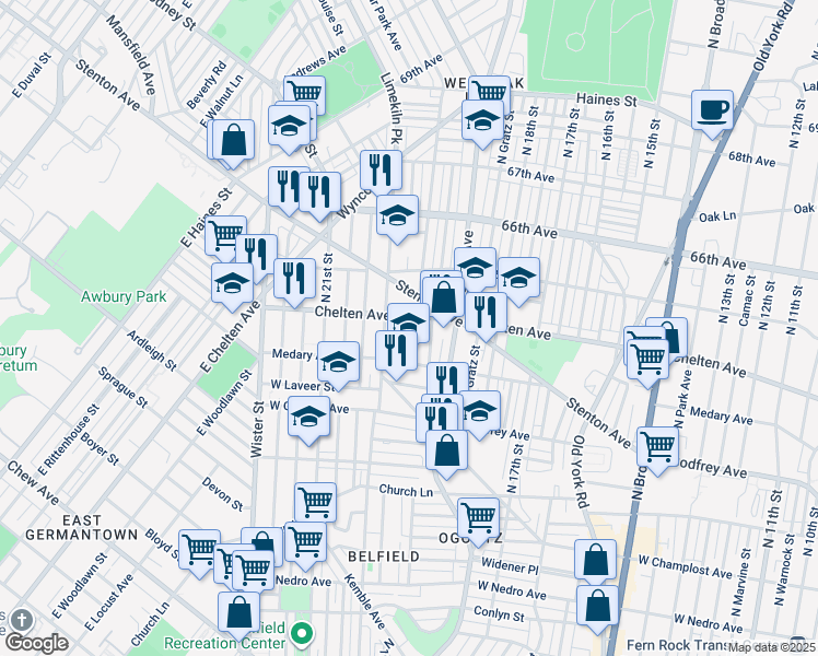 map of restaurants, bars, coffee shops, grocery stores, and more near 6348 North Opal Street in Philadelphia