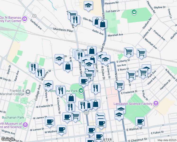 map of restaurants, bars, coffee shops, grocery stores, and more near 840 North Queen Street in Lancaster