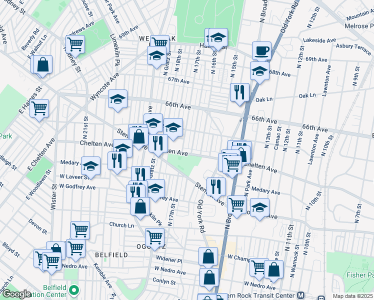 map of restaurants, bars, coffee shops, grocery stores, and more near 1623 West Chelten Avenue in Philadelphia