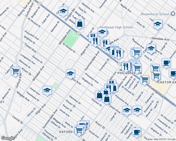 map of restaurants, bars, coffee shops, grocery stores, and more near 1216 Friendship Street in Philadelphia