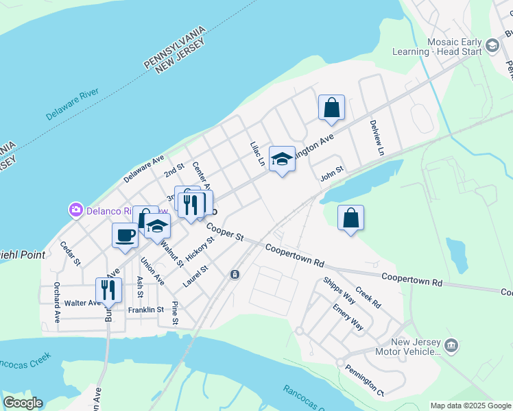 map of restaurants, bars, coffee shops, grocery stores, and more near 1105 Hickory Street in Delanco
