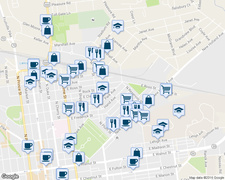 map of restaurants, bars, coffee shops, grocery stores, and more near 607 Park Avenue in Lancaster