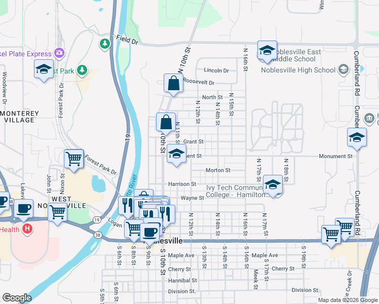 map of restaurants, bars, coffee shops, grocery stores, and more near 1164 Monument Street in Noblesville