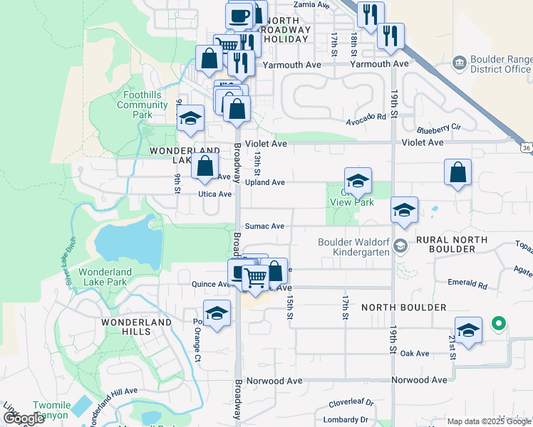 map of restaurants, bars, coffee shops, grocery stores, and more near 1352 Tamarack Avenue in Boulder