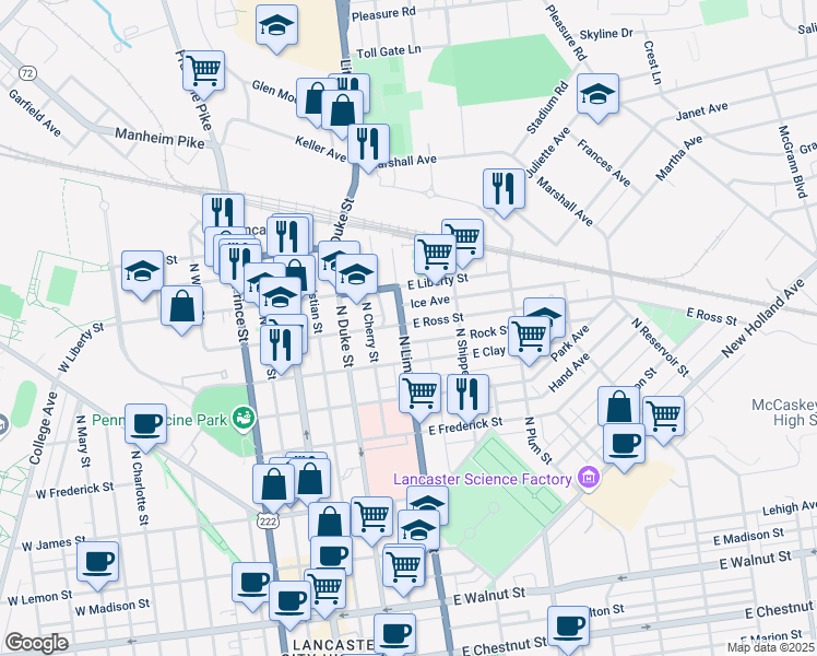 map of restaurants, bars, coffee shops, grocery stores, and more near 837 N Lime St in Lancaster