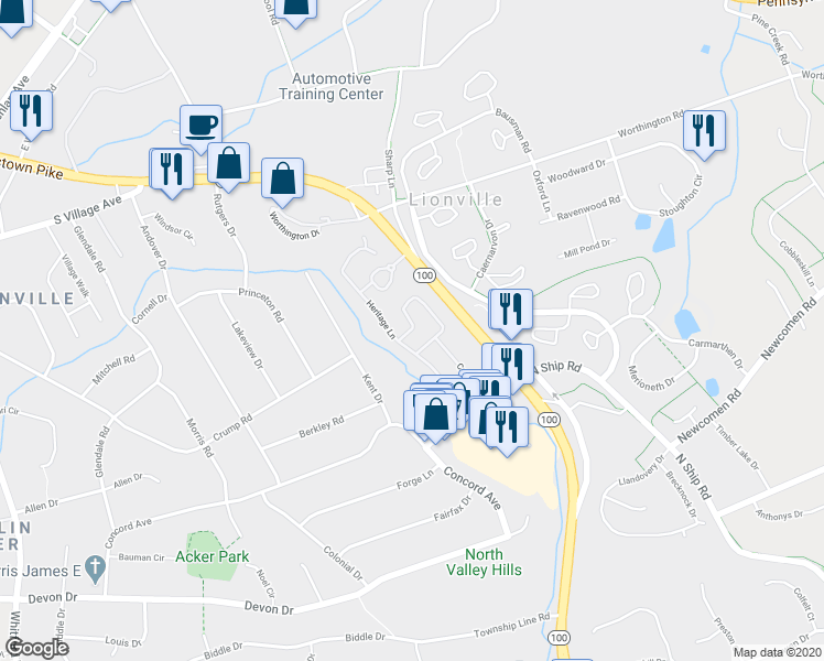 map of restaurants, bars, coffee shops, grocery stores, and more near 15 Surrey Way in Exton