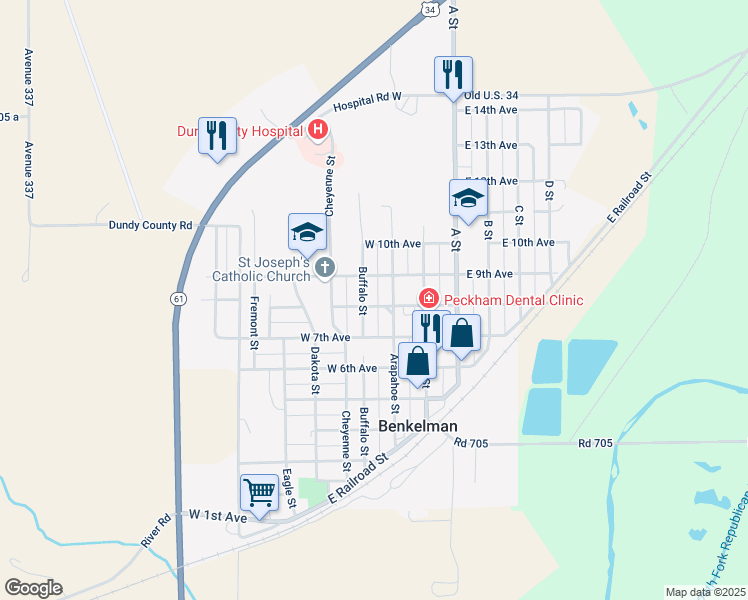 map of restaurants, bars, coffee shops, grocery stores, and more near 252-298 West 8th Avenue in Benkelman