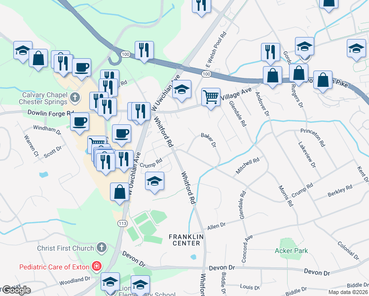 map of restaurants, bars, coffee shops, grocery stores, and more near 103 Crump Road in Exton