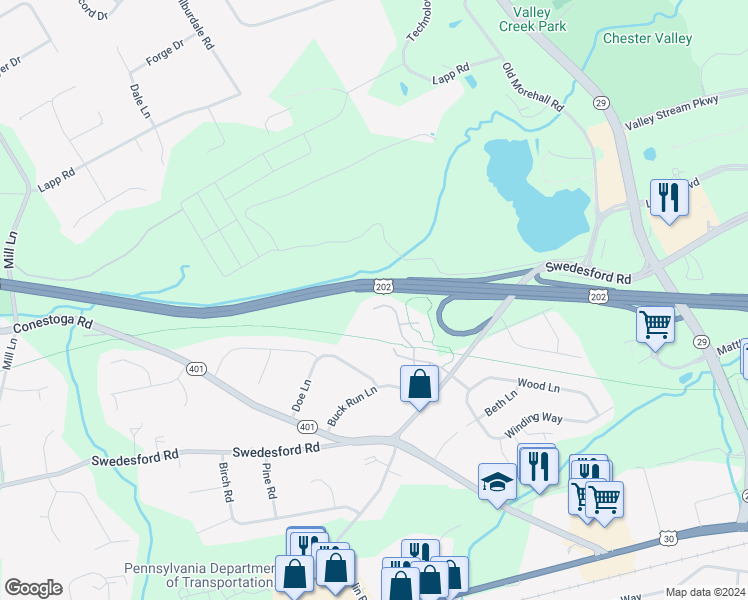 map of restaurants, bars, coffee shops, grocery stores, and more near 53 Knickerbocker Lane in Malvern