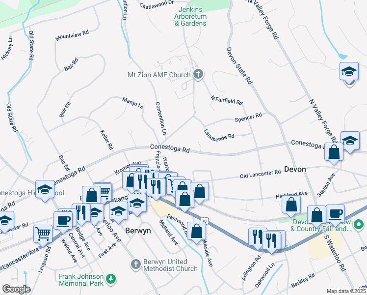map of restaurants, bars, coffee shops, grocery stores, and more near 411 Conestoga Road in Devon