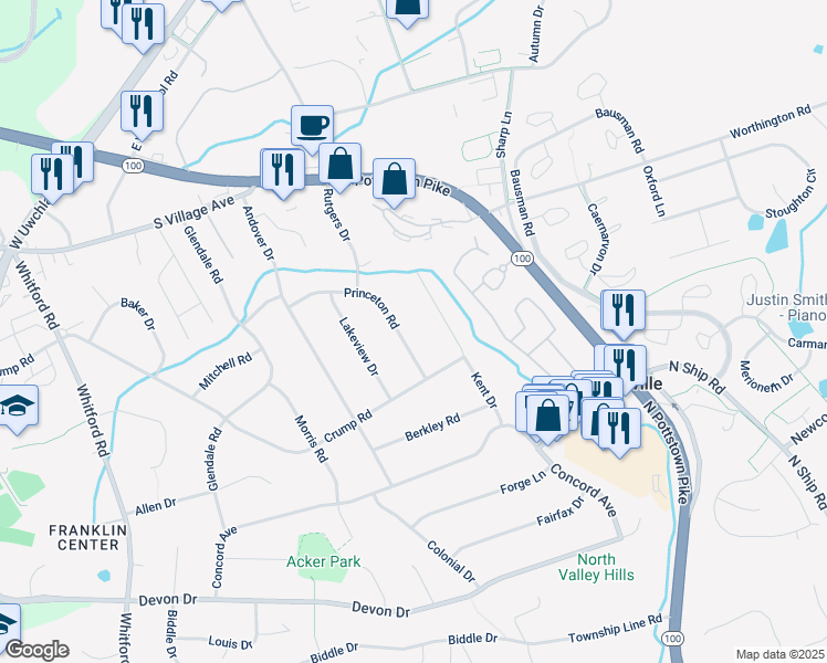 map of restaurants, bars, coffee shops, grocery stores, and more near 126 Princeton Road in Exton