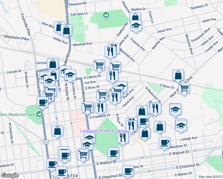 map of restaurants, bars, coffee shops, grocery stores, and more near 818 North Plum Street in Lancaster