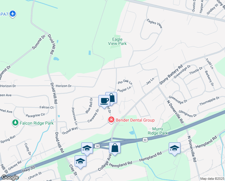 map of restaurants, bars, coffee shops, grocery stores, and more near 3360 Poplar Ln in Mountville
