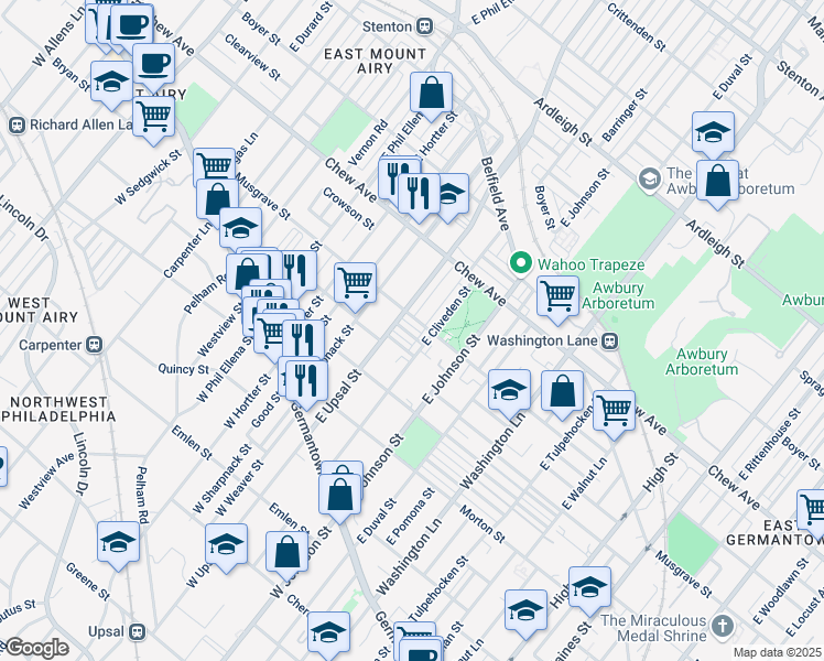 map of restaurants, bars, coffee shops, grocery stores, and more near 6492 Lensen Street in Philadelphia