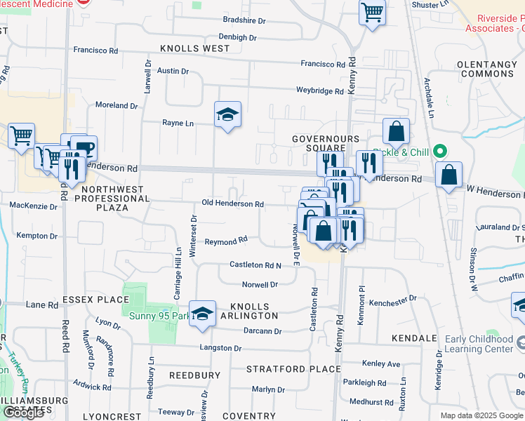 map of restaurants, bars, coffee shops, grocery stores, and more near 1301 Old Henderson Road in Columbus
