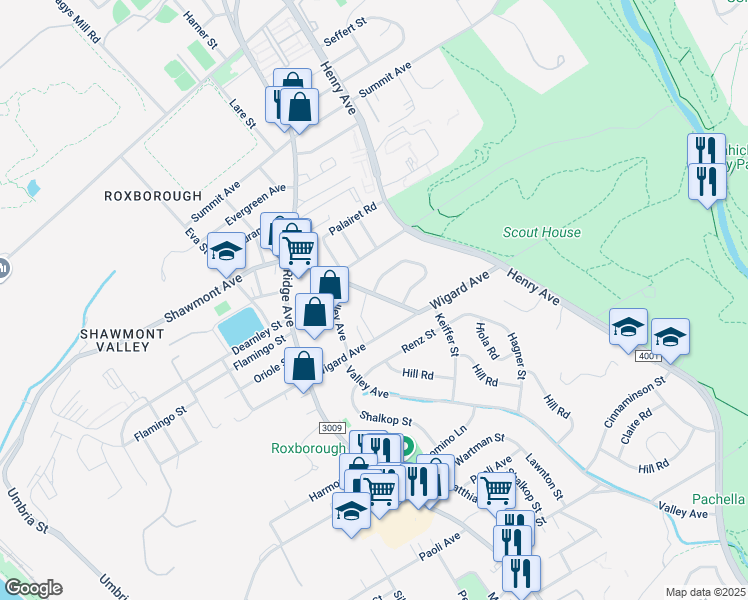 map of restaurants, bars, coffee shops, grocery stores, and more near 755-59 Shawmont Avenue in Philadelphia