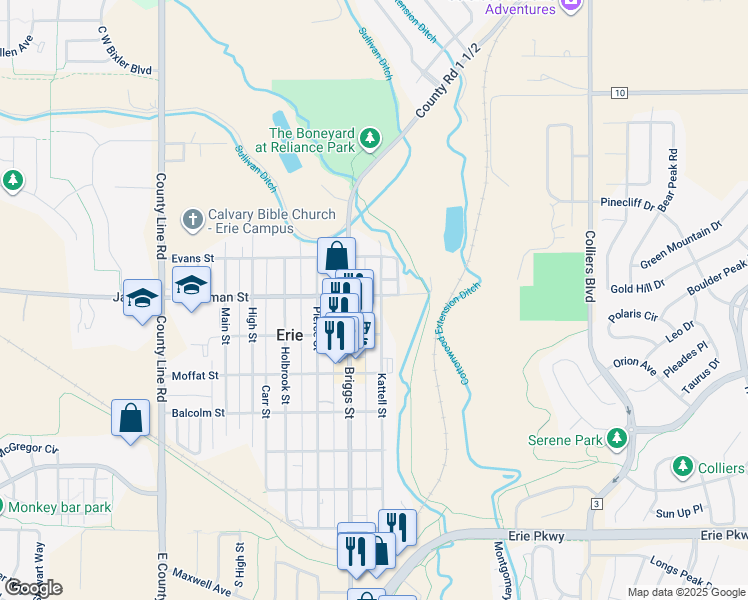 map of restaurants, bars, coffee shops, grocery stores, and more near 656 Kattell Street in Erie