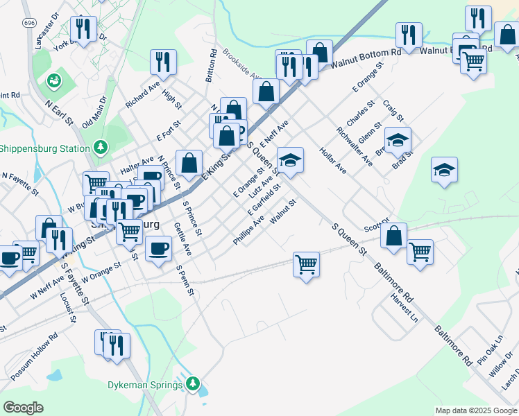 map of restaurants, bars, coffee shops, grocery stores, and more near 310 East Garfield Street in Shippensburg