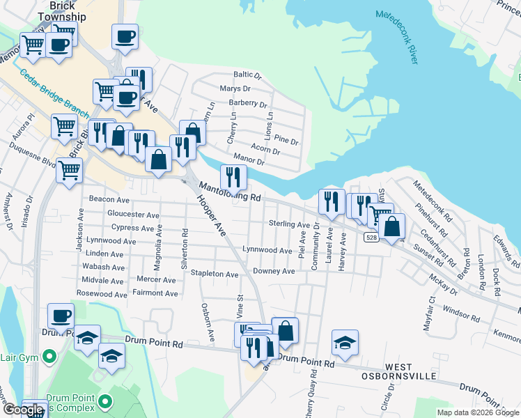 map of restaurants, bars, coffee shops, grocery stores, and more near 510 Monmouth Avenue in Brick Township