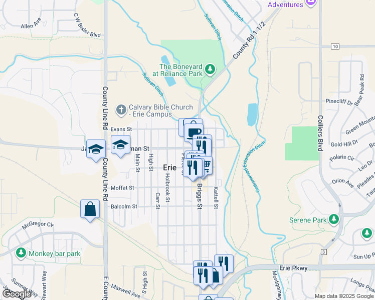 map of restaurants, bars, coffee shops, grocery stores, and more near 235 Cheesman Street in Erie