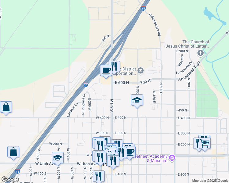 map of restaurants, bars, coffee shops, grocery stores, and more near 570 North Main Street in Benjamin