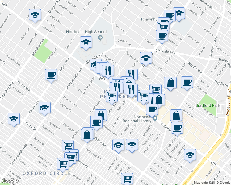 map of restaurants, bars, coffee shops, grocery stores, and more near 1918 Cottman Avenue in Philadelphia