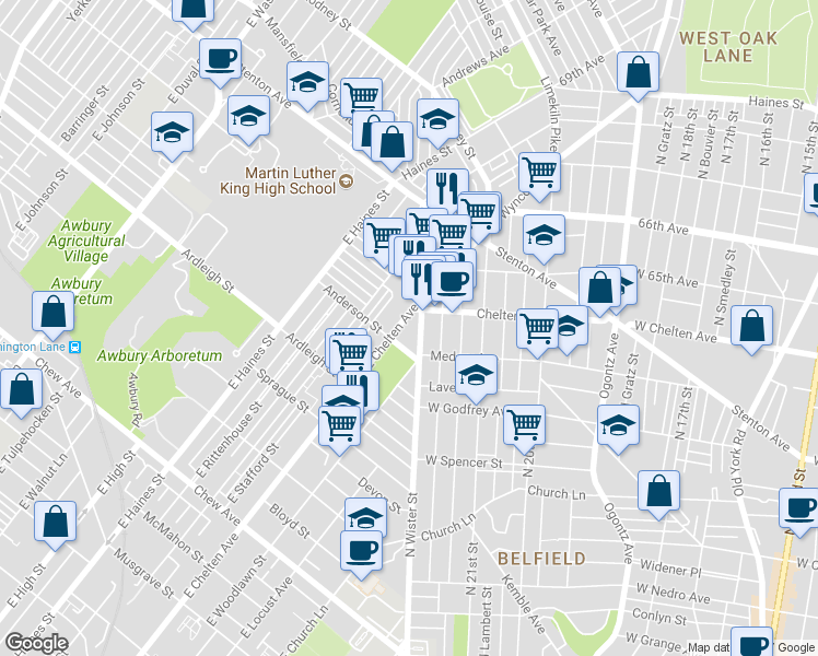 map of restaurants, bars, coffee shops, grocery stores, and more near 1215 East Chelten Avenue in Philadelphia