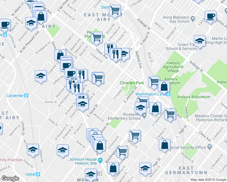 map of restaurants, bars, coffee shops, grocery stores, and more near 6492 Lensen Street in Philadelphia