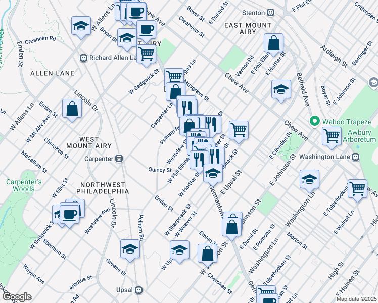 map of restaurants, bars, coffee shops, grocery stores, and more near 11 West Phil Ellena Street in Philadelphia