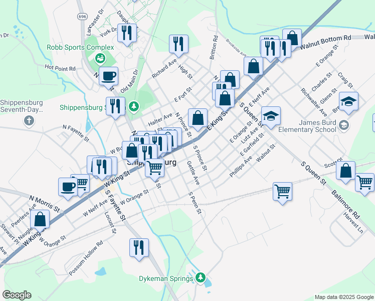 map of restaurants, bars, coffee shops, grocery stores, and more near 5 North Prince Street in Shippensburg