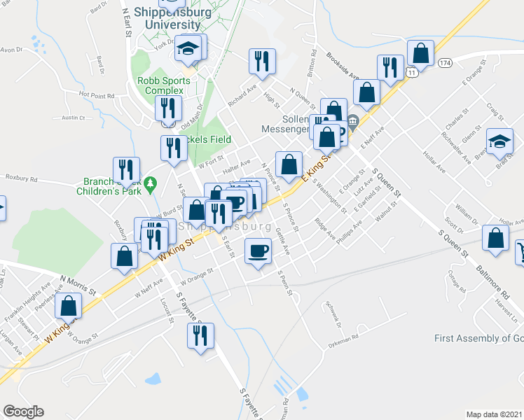 map of restaurants, bars, coffee shops, grocery stores, and more near 123 East King Street in Shippensburg