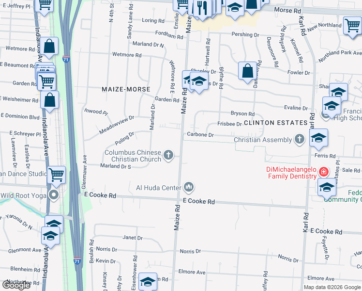 map of restaurants, bars, coffee shops, grocery stores, and more near in Columbus