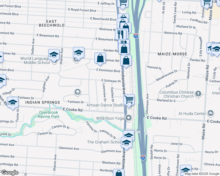 map of restaurants, bars, coffee shops, grocery stores, and more near 4282 Lawnview Drive in Columbus