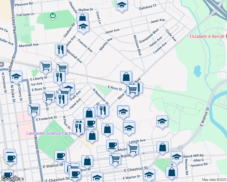 map of restaurants, bars, coffee shops, grocery stores, and more near 752 Hamilton Street in Lancaster