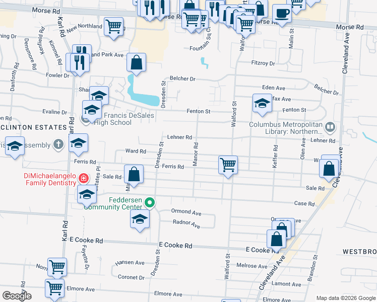 map of restaurants, bars, coffee shops, grocery stores, and more near 1876 Ward Road in Columbus