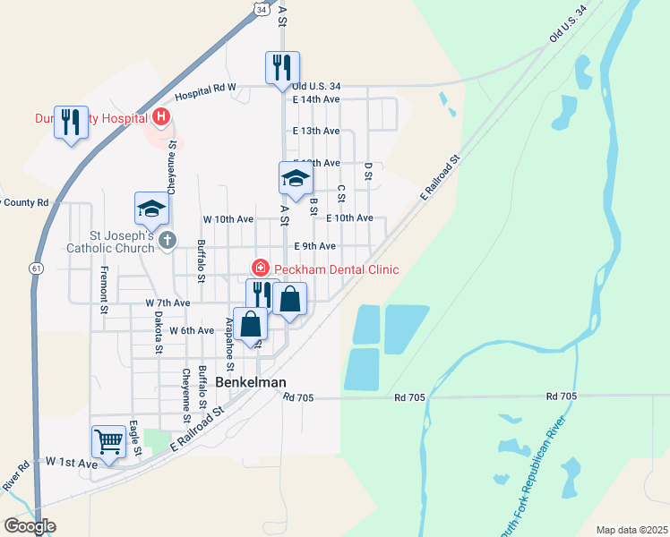 map of restaurants, bars, coffee shops, grocery stores, and more near 801 C Street in Benkelman