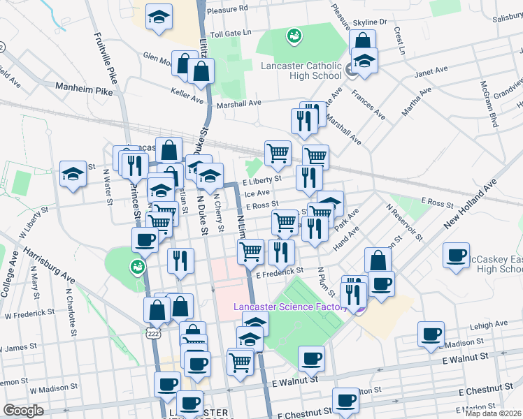 map of restaurants, bars, coffee shops, grocery stores, and more near 252 East Ross Street in Lancaster