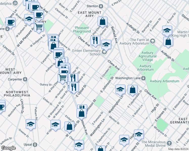 map of restaurants, bars, coffee shops, grocery stores, and more near 6492 Lensen Street in Philadelphia