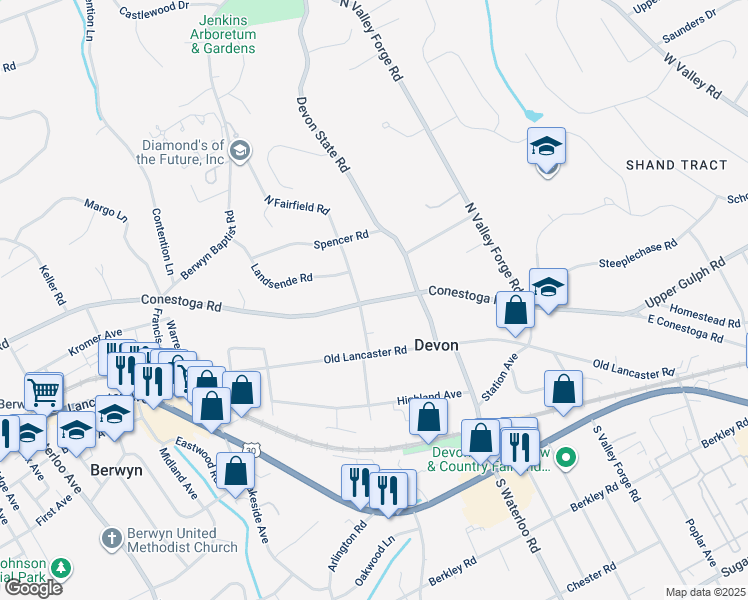 map of restaurants, bars, coffee shops, grocery stores, and more near 445 North Valley Forge Road in Devon
