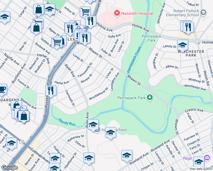 map of restaurants, bars, coffee shops, grocery stores, and more near 7842 Brocklehurst Street in Philadelphia