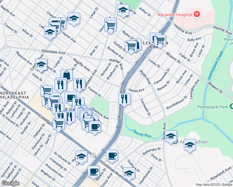 map of restaurants, bars, coffee shops, grocery stores, and more near 7623 Leonard Street in Philadelphia