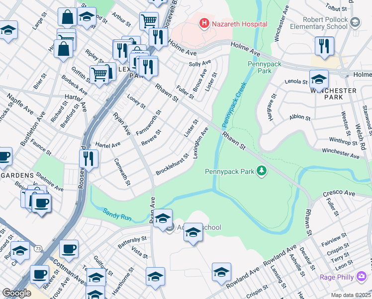 map of restaurants, bars, coffee shops, grocery stores, and more near 7842 Brocklehurst Street in Philadelphia