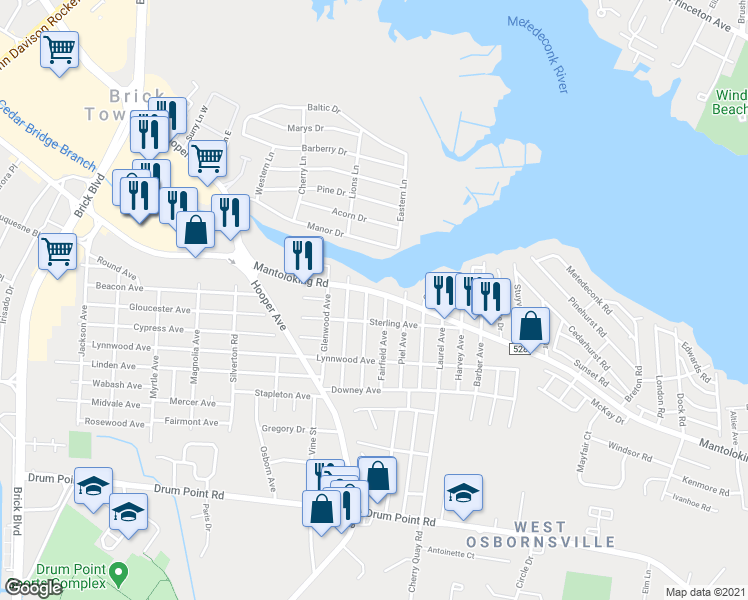 map of restaurants, bars, coffee shops, grocery stores, and more near 825 Mantoloking Road in Brick Township