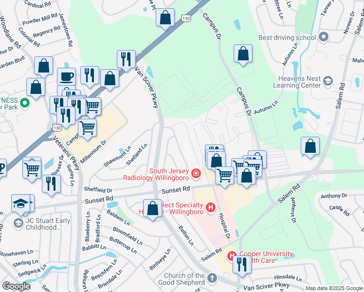 map of restaurants, bars, coffee shops, grocery stores, and more near 72 Southampton Drive in Willingboro