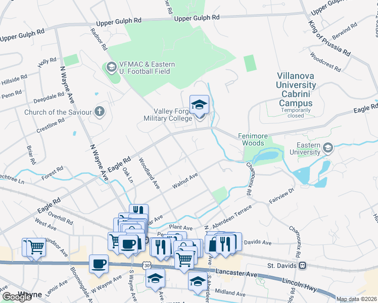 map of restaurants, bars, coffee shops, grocery stores, and more near 407 Radnor Road in Wayne