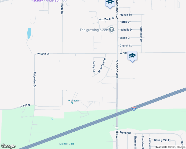 map of restaurants, bars, coffee shops, grocery stores, and more near 6333 Arrowhead Drive in Anderson